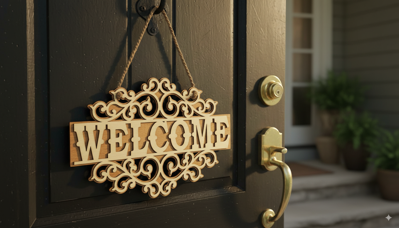 Welcome feliratú fából készült ajtókopogtató