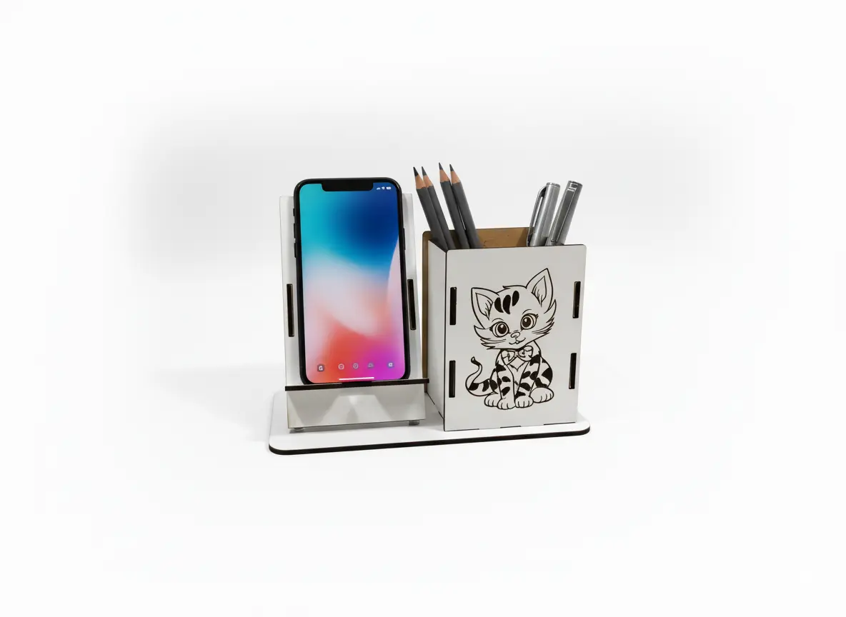 Suport din lemn pentru telefon și rechizite, personalizabil