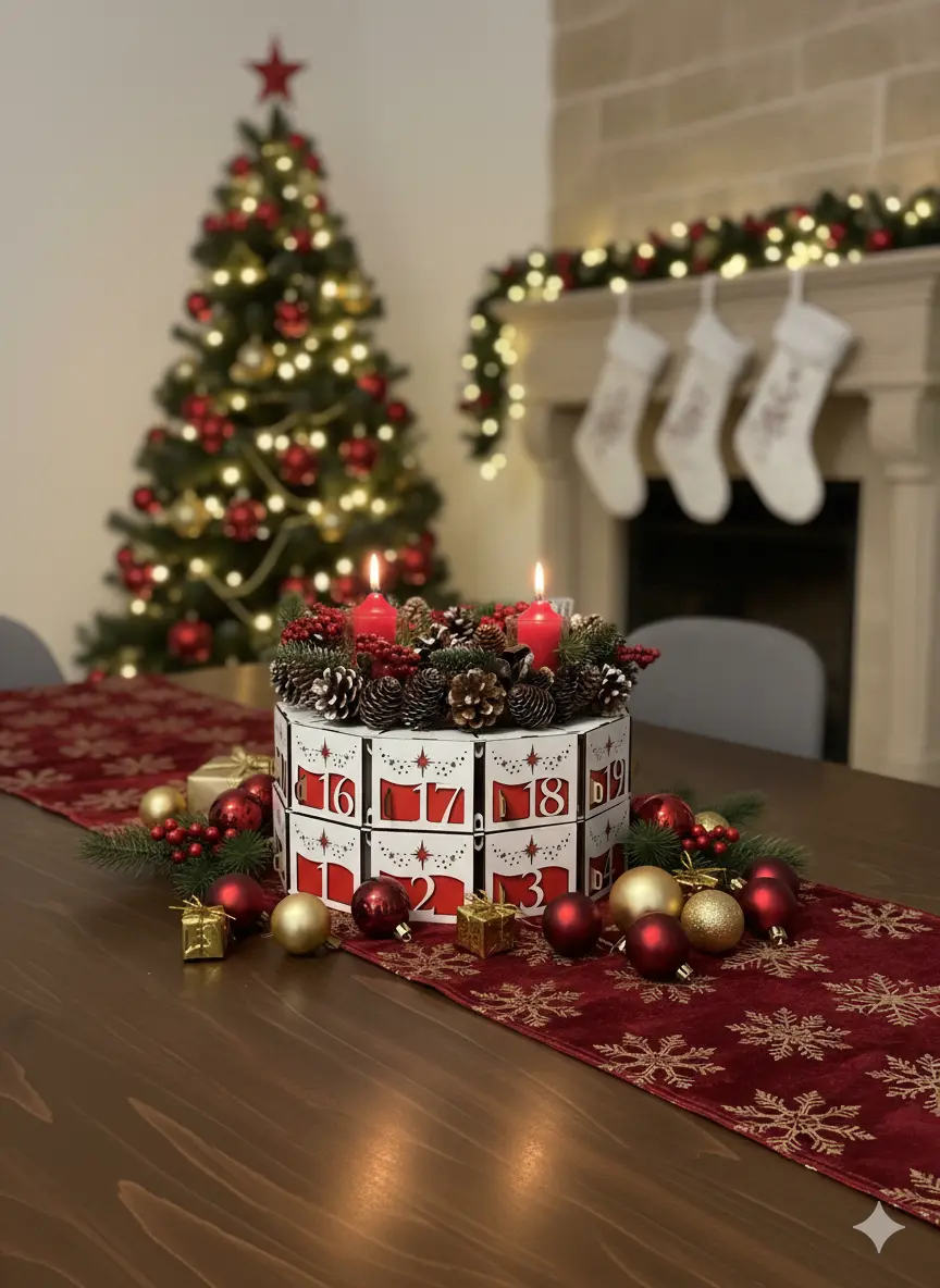 Calendar Advent artizanal–cu sertare și coroniță decorativă