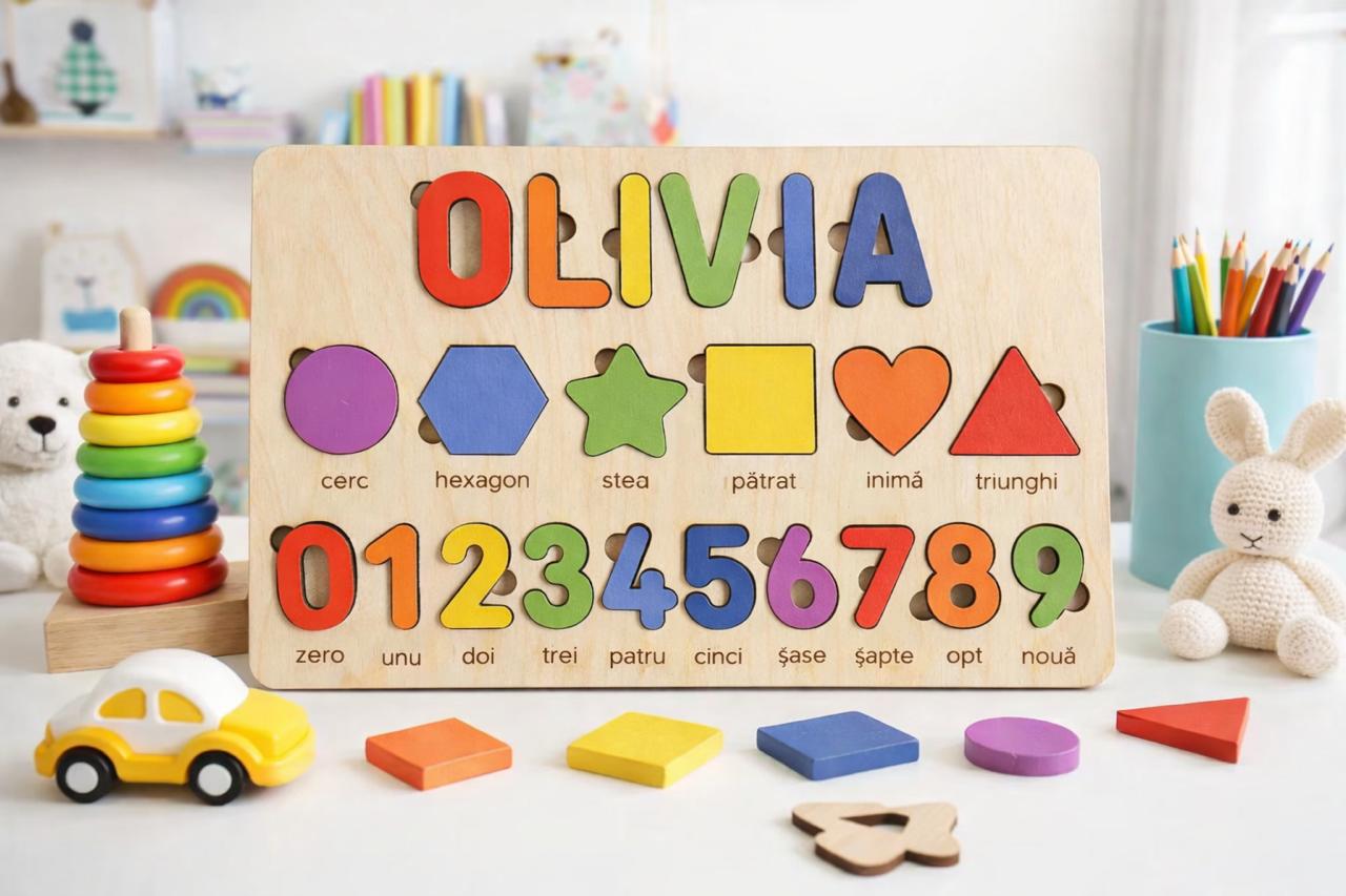 Puzzle din lemn personalizat cu nume și cifre